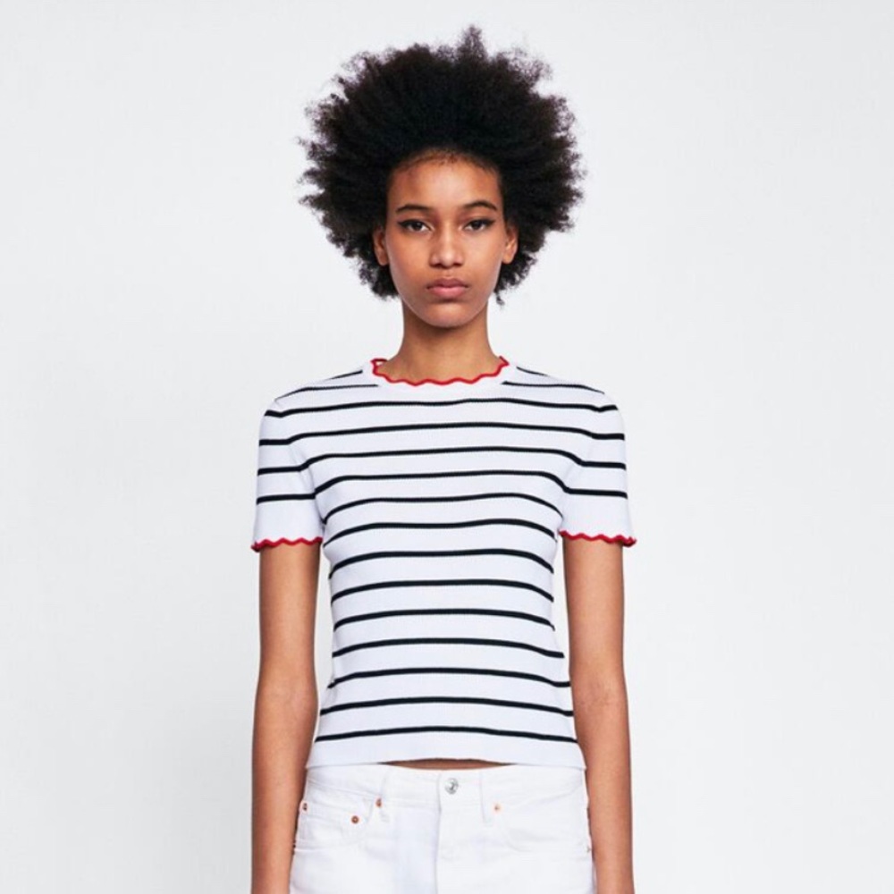 ZARA Striped Sweater with Scallop Trim